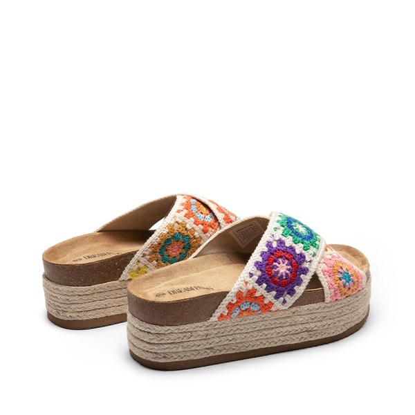 Raffia Flatform Flat Sandals - CREAM MULTI - 4